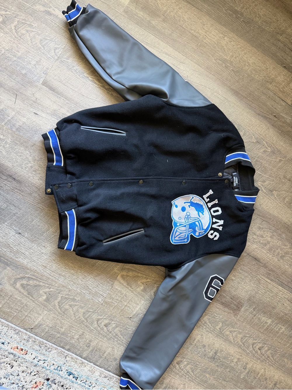 Detroit Lions Varsity Jacket Black Gray Faux Leather Sleeves NFL
